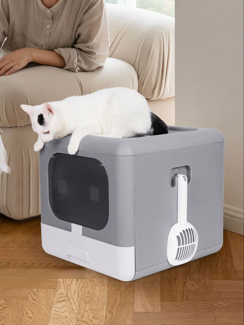 Cat Litter Box Foldable Top Entry Litter Box with Cat Litter Scoop Drawer for Medium and Large Cats_voghion.com