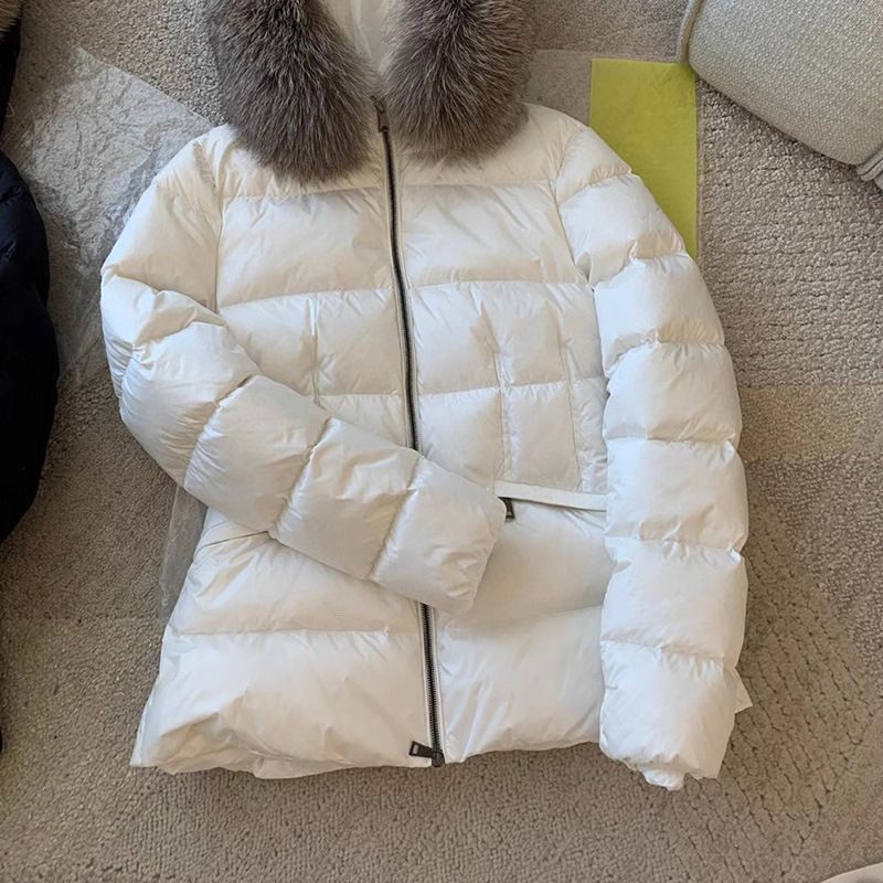 Raccoon Fur Collar 90% Goose Down Jacket Slim Waist High-End Women's Short Coat Winter White_voghion.com