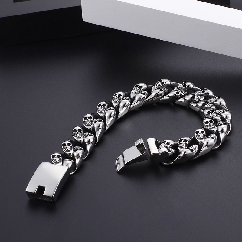 Anello con testa di fantasma, teschio punk, bracciale a catena cubana, set da uomo in acciaio al titanio_voghion.com