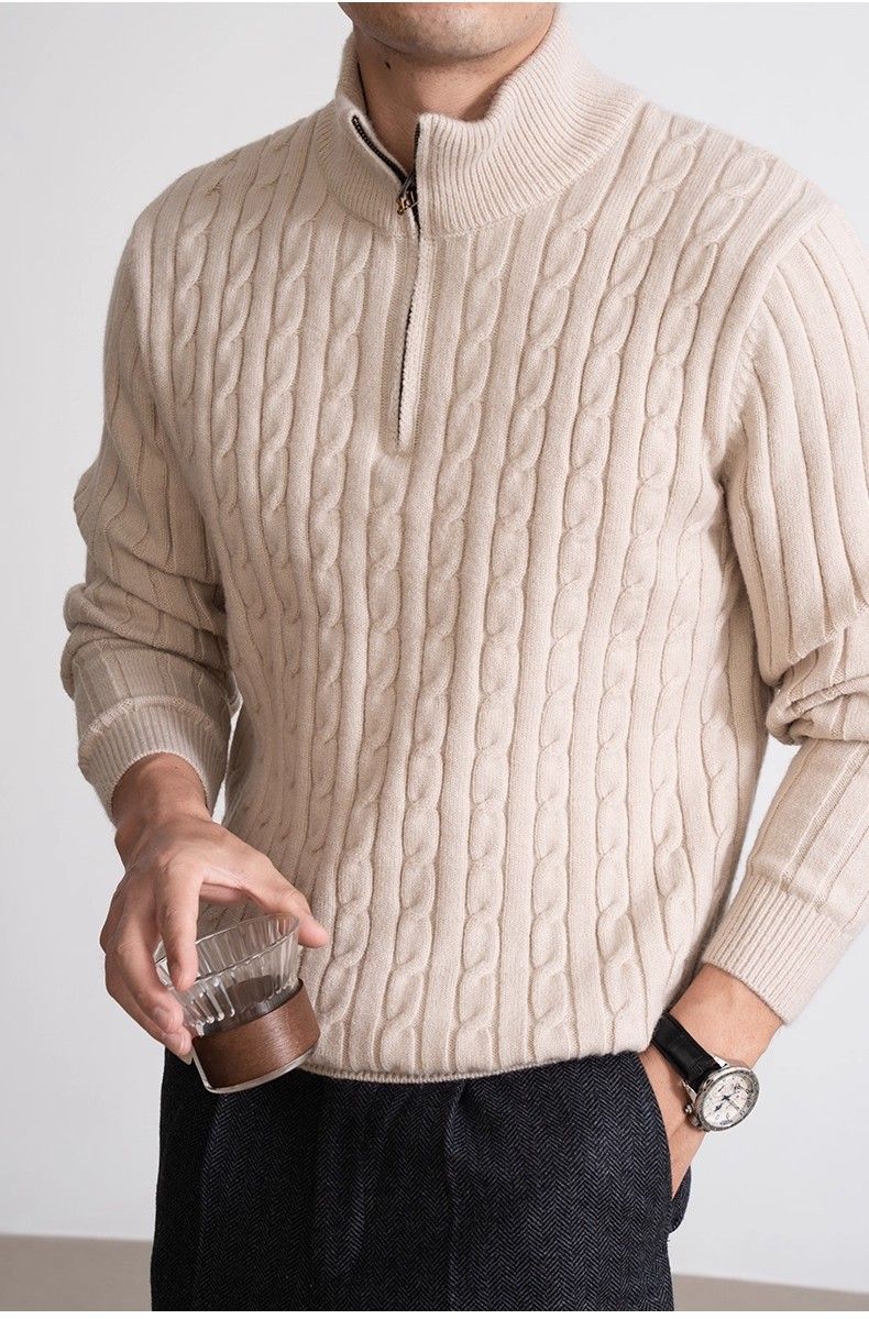 Maglione invernale da uomo in maglia a trecce, con mezza zip, spesso e casual, girocollo, da indossare tutti i giorni_voghion.com