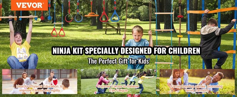 VEVOR Ninja Warrior Obstacle Course For Kids, 2 X 60 Ft Weatherproof Slacklines, 500lbs Weight Capacity Monkey Line, Outdoor Playset Equipment, Backyard Toys Training Equipment Set With 14 Obstacles_voghion.com