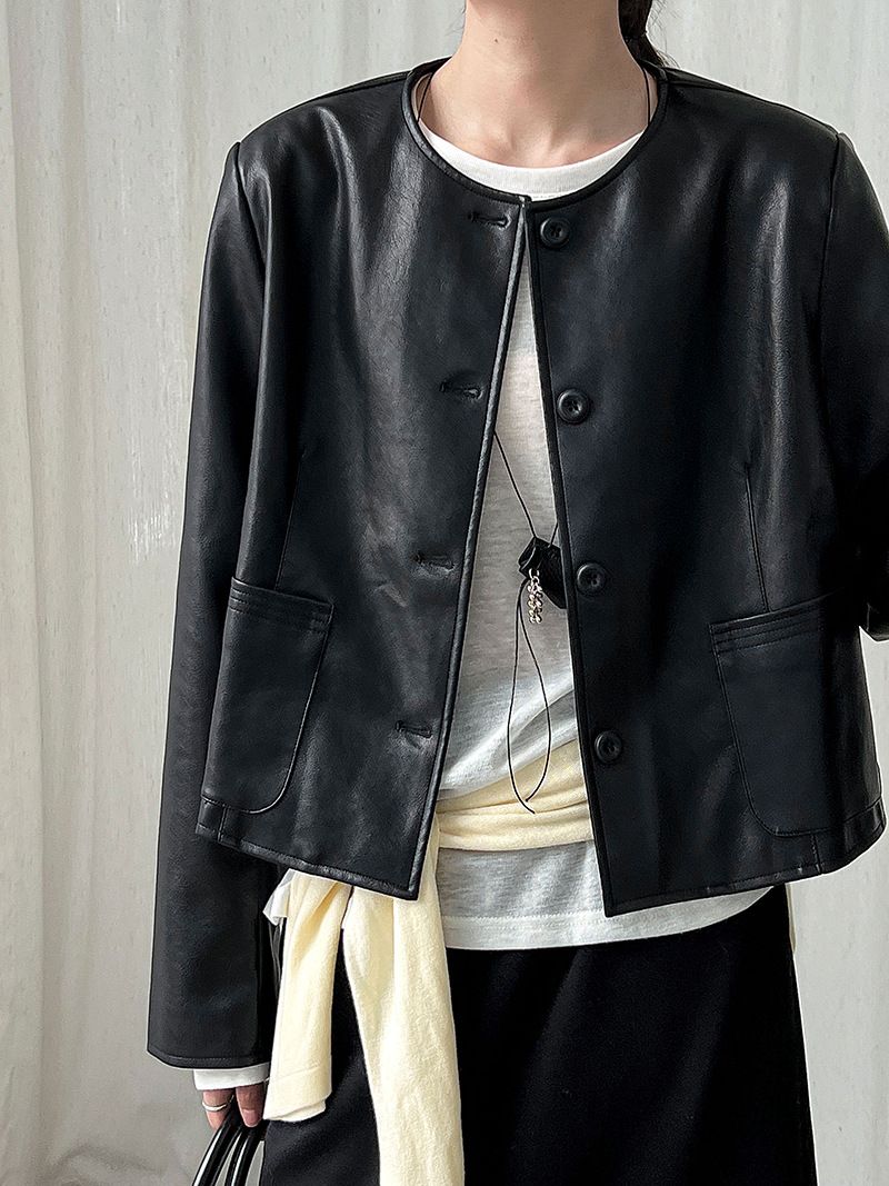 Dames slim fit PU leren jas met enkele knoopsluiting - Koreaanse stijl cropped bikerjack voor de herfst, casual en veelzijdige bovenkleding_voghion.com