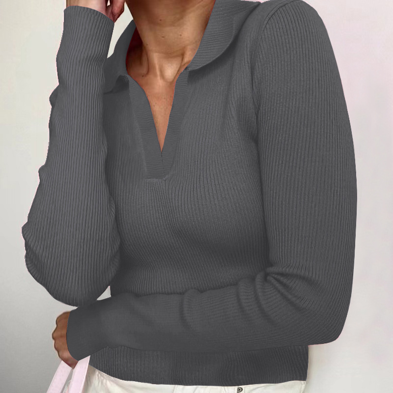 T-shirt da donna elegante con collo alto e maniche lunghe a V profonda in cotone attillato_voghion.com