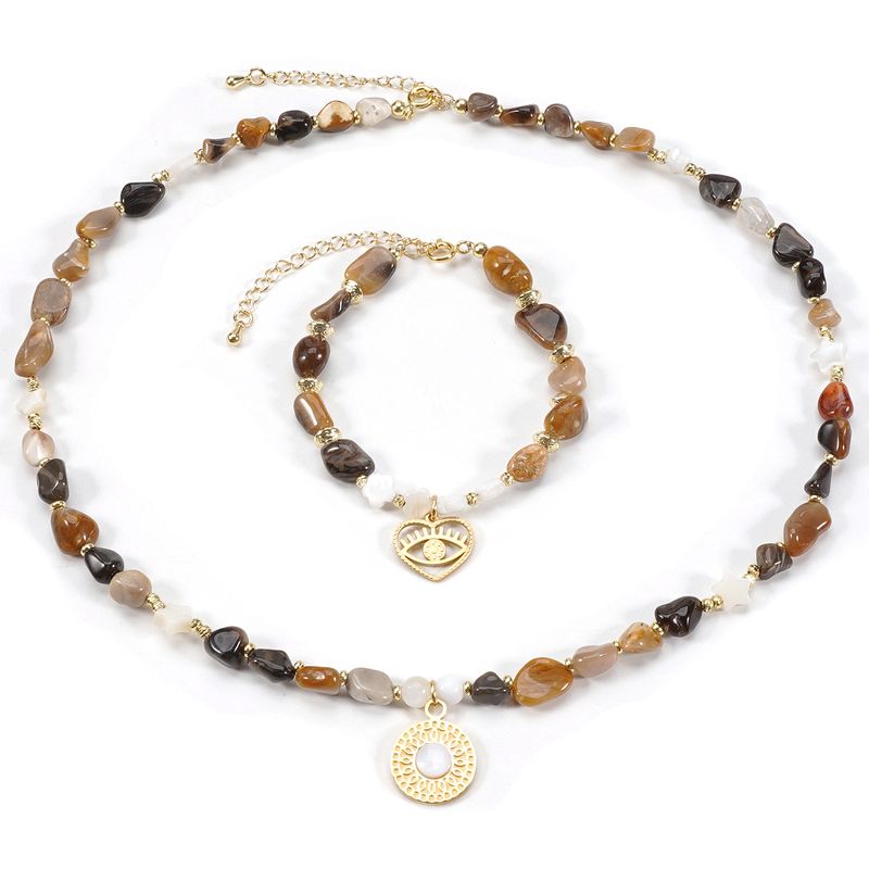 Conjunto de colar e pulseira de pedra natural de opala preta com concha de ameixa e estrela de cinco pontas_voghion.com