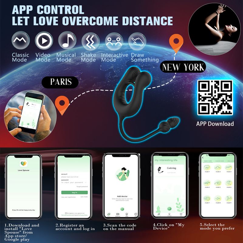 Nuovo prodotto Anello per lo sperma con vibrazione a tre punti in gomma piena per uomo APP Massaggiatore anale per la prostata Vibratore per il plug anale Gay_voghion.com