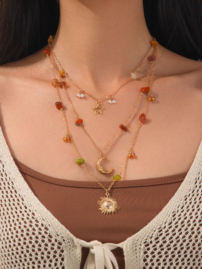 Set di collane a strati celestiali color oro per donna, collana con ciondolo sole, luna e stella con perline in pietra naturale, gioielli con dichiarazione di astrologia boho_voghion.com