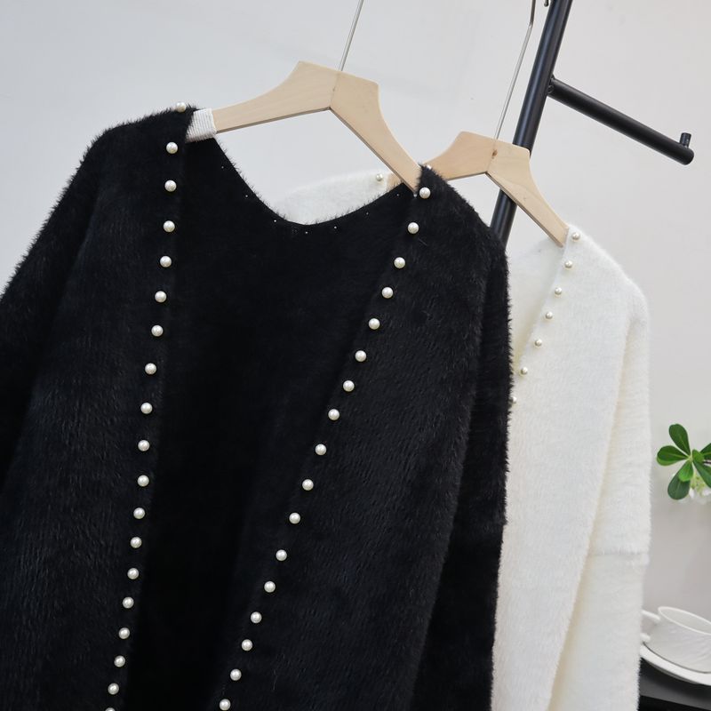 Cárdigan de punto de imitación de chinchilla con cuentas: abrigo extralargo y extragrande (poliéster afelpado, cuello en V, minimalista en blanco, rosa y negro, ideal para el trabajo y la noche)_voghion.com