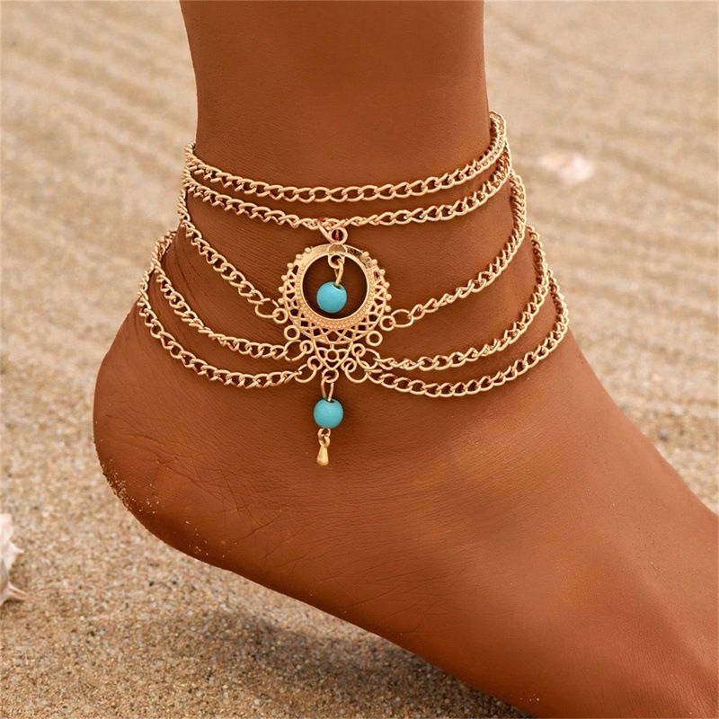 Bohemian Ethnic Style Turquoise Tassel Geometric Hollow Exaggerated Beach Anklet_voghion.com