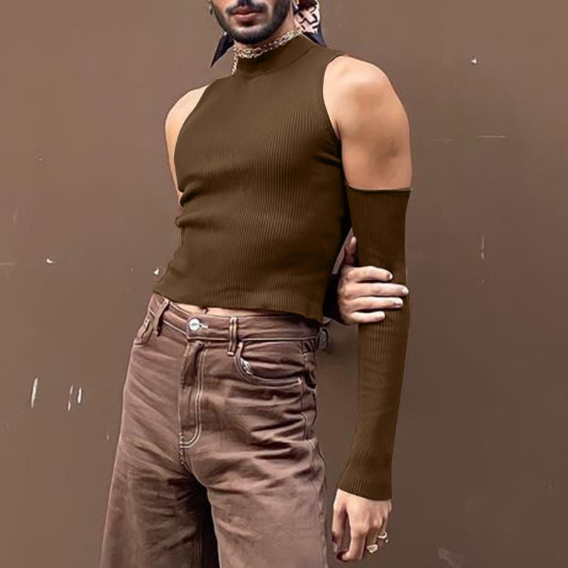 Maglietta sexy da uomo con collo alto e maniche lunghe, casual, con spalle scoperte, nuova base 2025_voghion.com