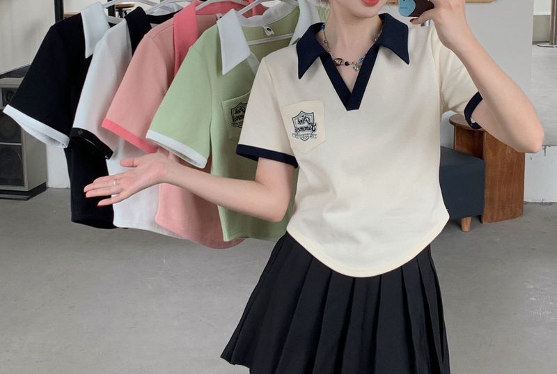 Ženska poletna majica s kontrastnimi rokavi in polo ovratnikom, ohlapna kroja, nišna in elegantna kratka majica_voghion.com