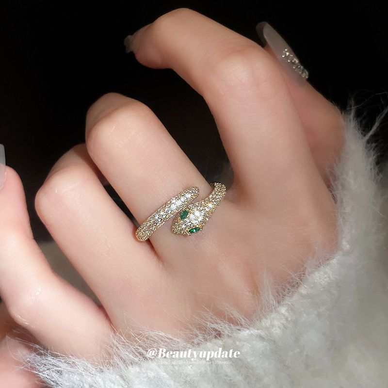 Offener Ring in Schlangenform mit echtem, vergoldetem Zirkonia, modisches Nischenprodukt für den Zeigefinger, elegant und leicht_voghion.com