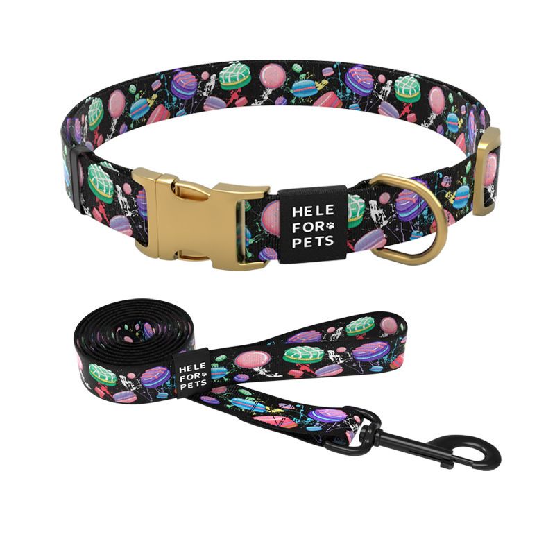 New Pink Pet Macaron Pattern Gold Textured Buckle Dog Collar Leash Set_voghion.com