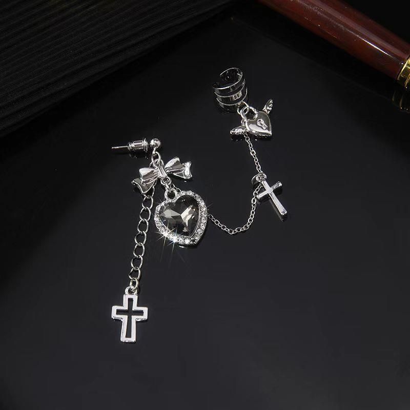 Orecchini a forma di cuore con croce in metallo punk gotico scuro per donna, gioielli con clip per orecchini a catena_voghion.com