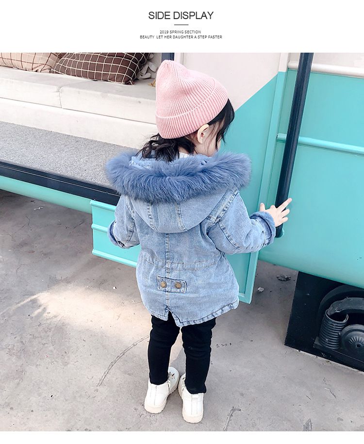 Nuovi vestiti autunnali e invernali per bambine, cappotto spesso in denim e velluto, stile coreano, cappotto in cotone con ampio collo di pelliccia per bambini_voghion.com