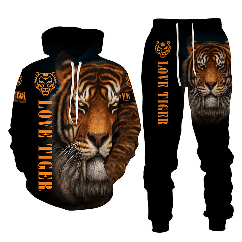 Conjunto de dos piezas con capucha de tigre y león para hombre, sudadera con estampado 3D de manga larga, sudadera con capucha y pantalones, chándal, ropa para hombre_voghion.com