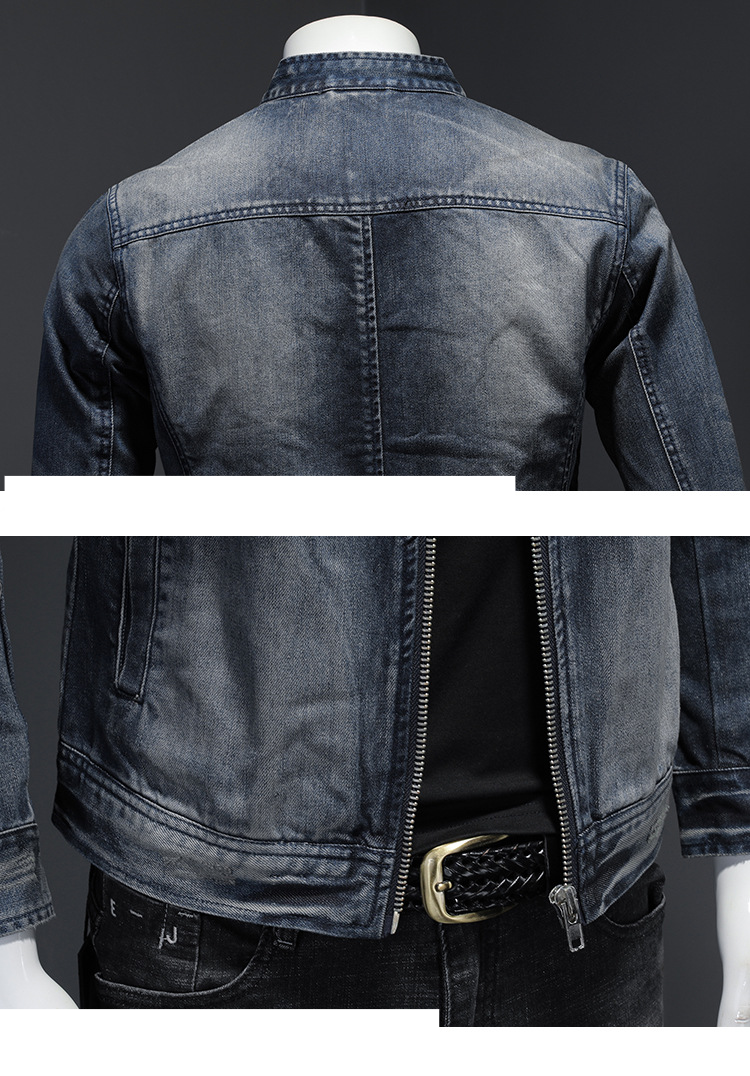 Herrkläder Personlig stand-up krage dragkedja Motorcykel jeans Plus size Casual präglad jeansjacka_voghion.com