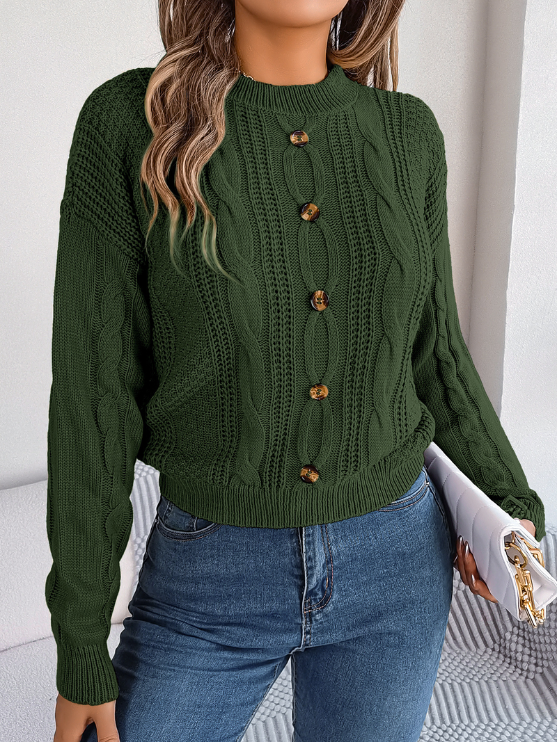Cropped Sweaters for Women Crew Neck Crochet Knit Pullover Sweater Fall Trendy Button Long Sleeve Solid Color Jumper Tops_voghion.com