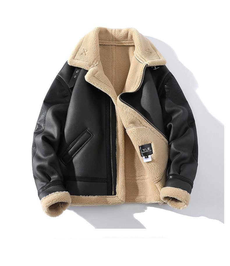 Lapel fur all in one jacket for men in winter, velvet thickened sheepskin short leather jacket handsome motorcycle suit fur_voghion.com