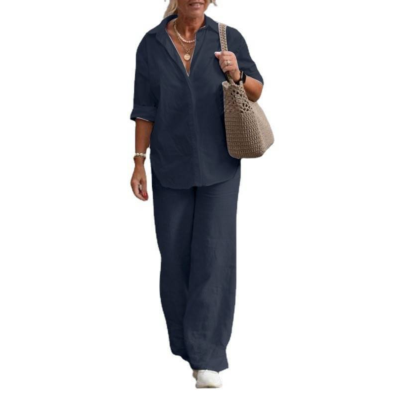 Ensemble deux pièces en coton et lin pour femme, chemise à manches longues et revers, pantalon décontracté uni pour le printemps et l'automne, tailleur à jambes larges_voghion.com
