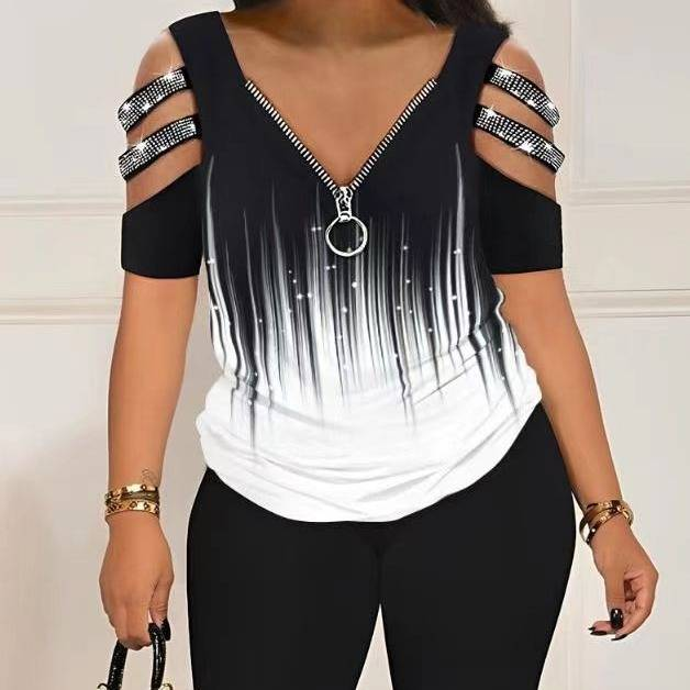 Ensemble deux pièces pour femme, haut décontracté imprimé, col en V, fermeture éclair, dégradé, short_voghion.com