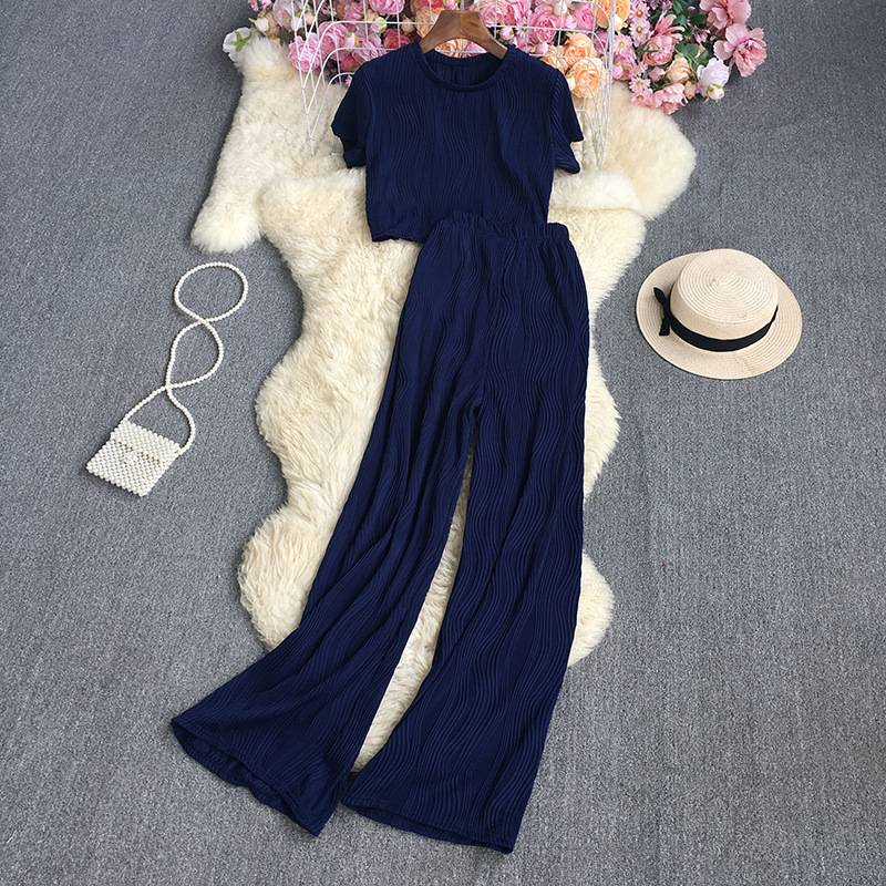 Ensemble deux pièces pour femme, chemise de couleur pure, taille haute, pantalon large vertical_voghion.com