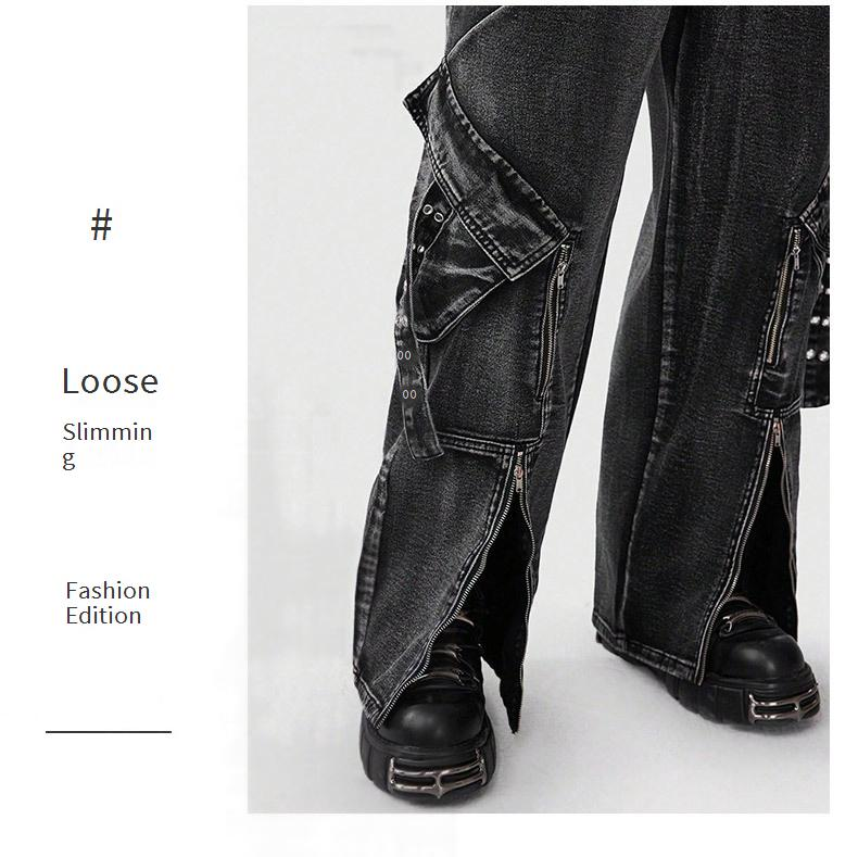 Men's Clothing Zipper Multi Pocket Trendy Flared Pants High Street Straight Wide Leg Jeans_voghion.com