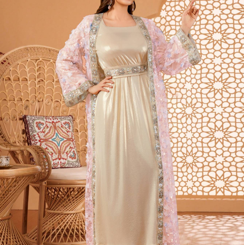 Muslimische Damenbekleidung Neue elegante Luxus bestickte Spitze zweiteilige Robe Abaya_voghion.com