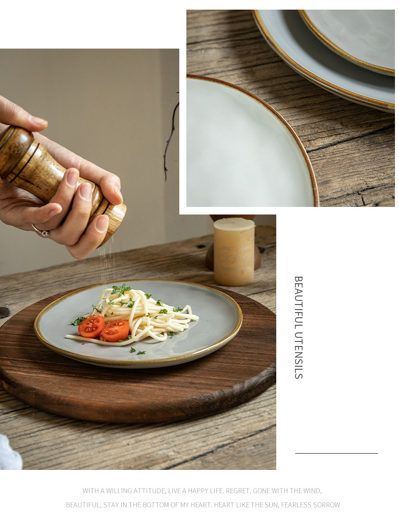 Wysokiej jakości płaski talerz z wzorem wody 8-calowy ceramiczny talerz do steków, restauracja, nieregularny talerz retro_voghion.com