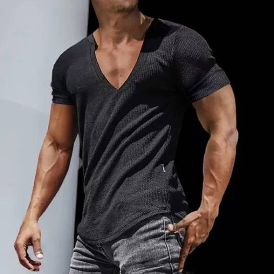 T-shirt da allenamento da uomo slim fit con scollo a V - Miscela elasticizzata di poliestere ed elastan, traspirante e comoda per palestra, corsa e abbigliamento casual_voghion.com