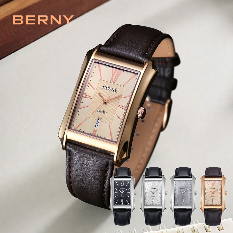 BERNY Men's Leather Watch Vintage Stainless Steel Rectangular Case Roman Dial Dress Analog Watch With Date Waterproof Classic Quartz Wrist Watches_voghion.com