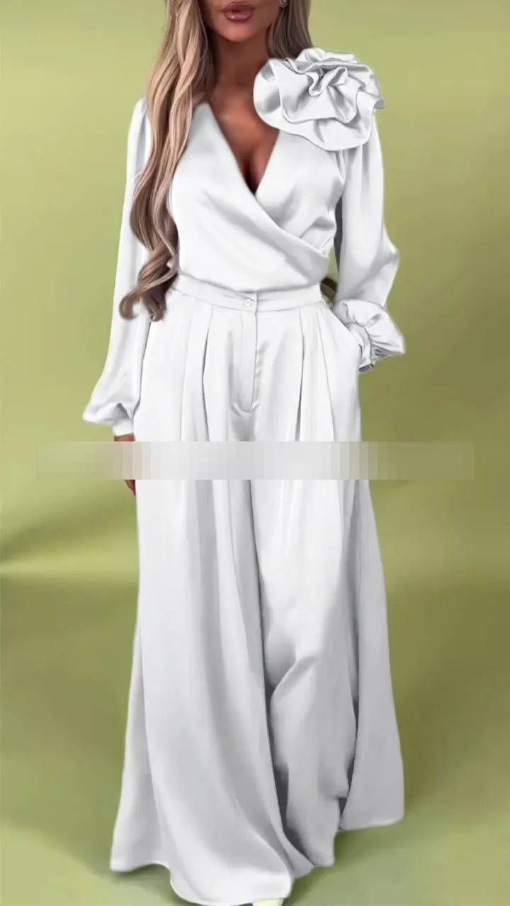 Completo elegante con camicetta in raso e pantaloni a gamba larga – Top con maniche a lanterna e pantaloni fluidi, completo in due pezzi in poliestere per donna (10 colori, dalla XS alla XXXL)_voghion.com