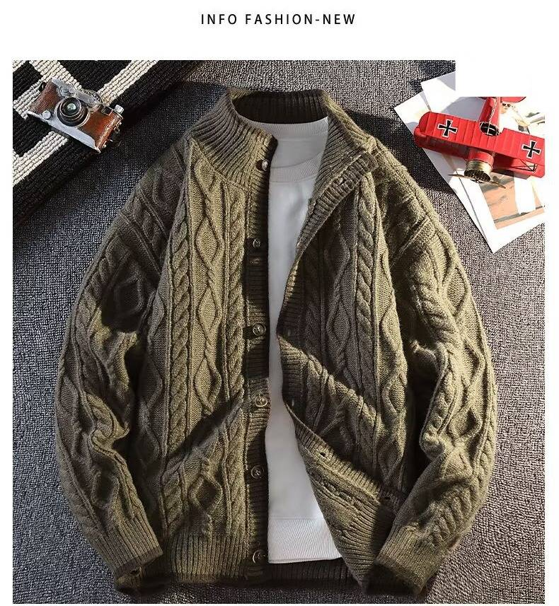 Cardigan da uomo in maglia a trecce con collo alto - Maglione retrò a blocchi di colore per autunno e inverno (blu, caffè, dalla S alla XXXL)_voghion.com