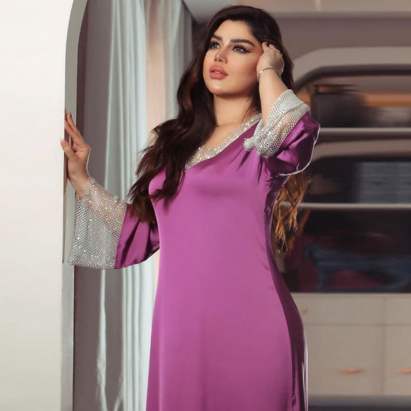 Abito lungo da donna in maglia di diamanti con paillettes in raso per donne musulmane_voghion.com