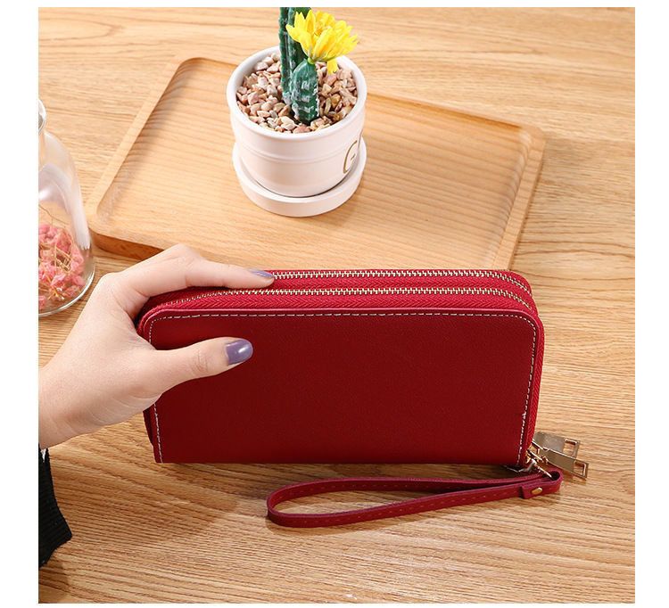 Nueva cartera con doble cremallera para mujer, larga, estilo coreano, con costuras en contraste de color, gran capacidad, doble capa, cartera para teléfono móvil_voghion.com