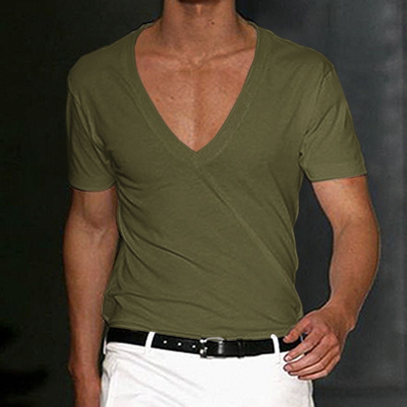 Camiseta deportiva de fitness para hombre, de algodón, para tiempo libre, que absorbe el sudor, de color liso, con escote en V profundo_voghion.com
