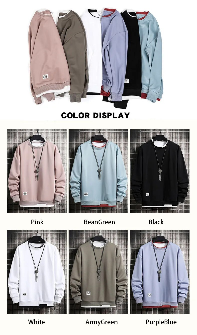 Hommes pulls décontractés à capuche hommes faux deux pièces Multi couleur col rond mode Harajuku Style mâle sweat 2023 nouveau_voghion.com