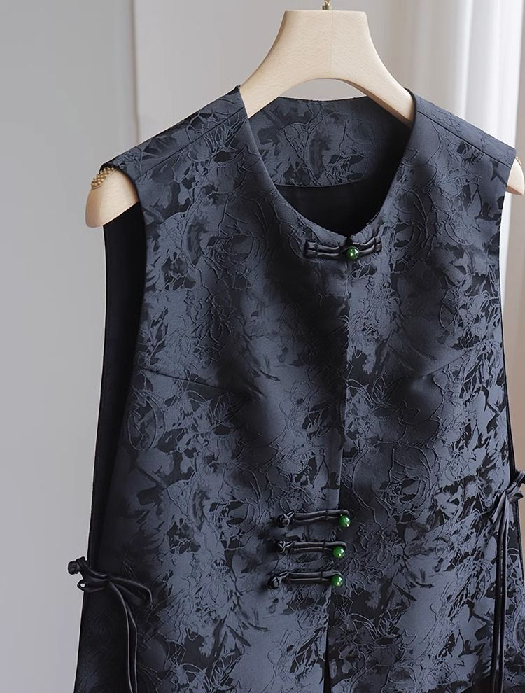 New Chinese style vest round neck sleeveless retro national style jacquard vest with black top_voghion.com