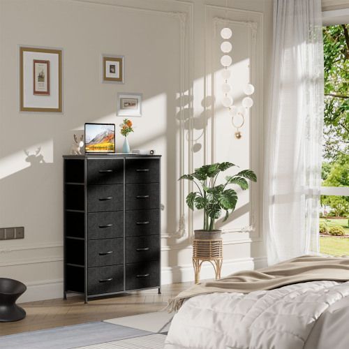 Bedside Table For Bedroom With 10 Fabric Drawers Storage Cabinet Steel Frame Closet For Clothes Storage Display Cabinet_voghion.com