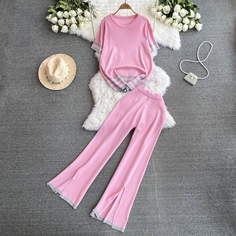 2024 Nuevo traje de moda para mujer primavera estilo coreano cuello en V suelto contraste de color tejido de dos piezas cintura alta pantalones de pierna ancha_voghion.com