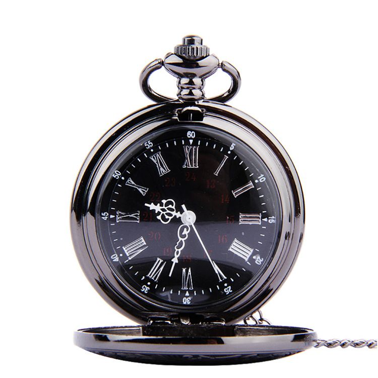 Large Classical Dual Display Black Face Roman Numerals White Hands Retro Pocket Watch_voghion.com
