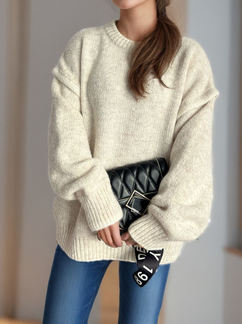 Pull en maille patchwork pour femme – Pull oversize à col rond et tissu épais et chaud (rose/gris/beige/kaki, S/M/L)_voghion.com