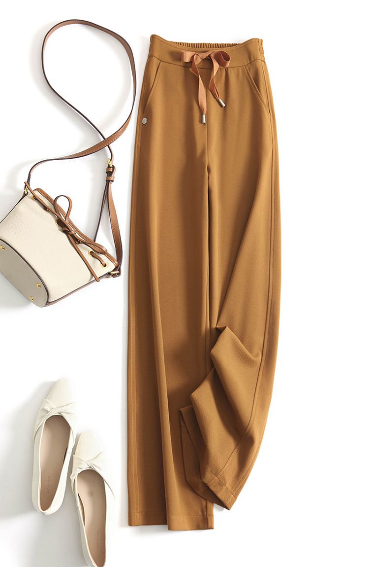 Women's Clothing Plaid Temperament Commuting Beltless High Waist Drawstring Loose Yellow Trousers Wide Leg Pants_voghion.com