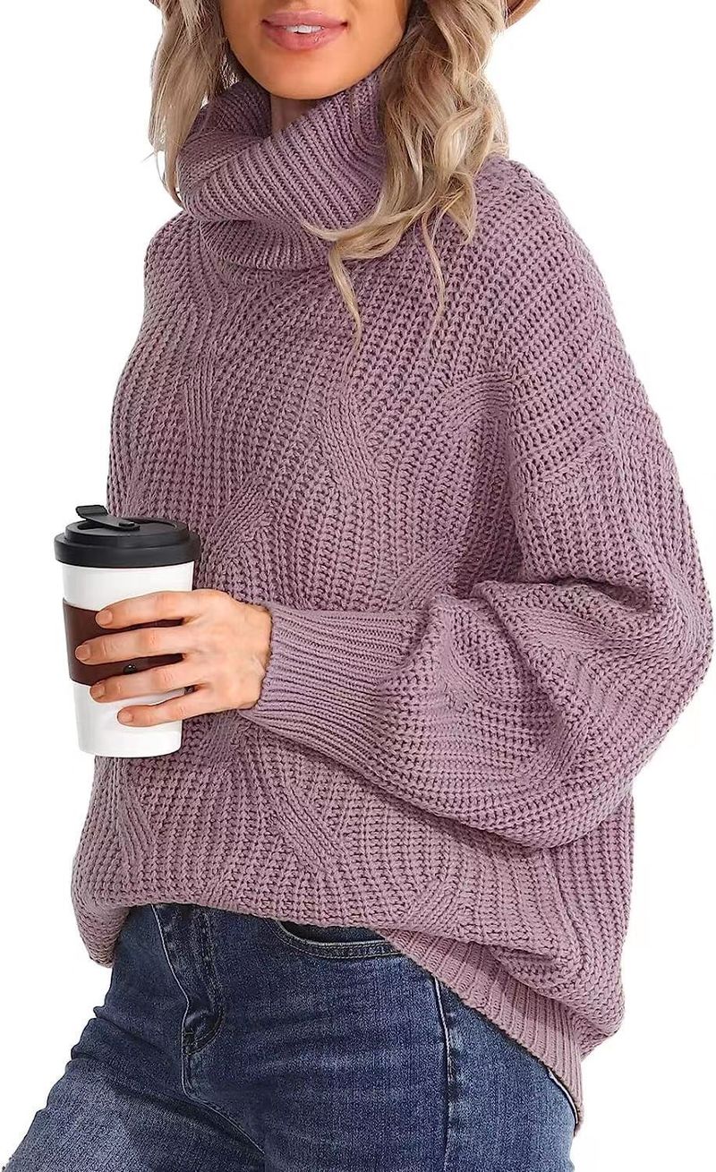 Women's Oversized High-Neck Cable Knit Sweater - Elegant Batwing Sleeve Pullover For Autumn & Winter, Soft & Breathable In 10 Versatile Colors_voghion.com