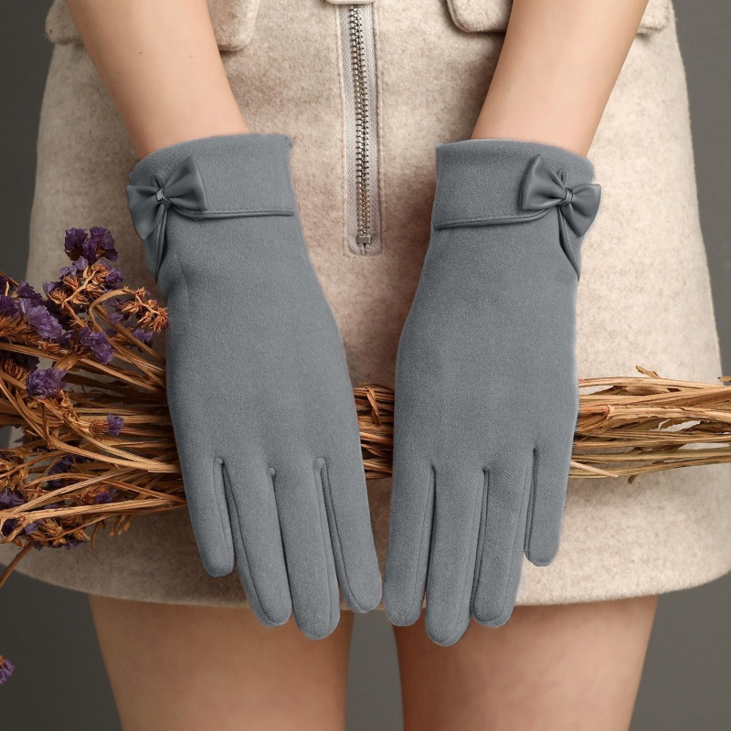 Winter Plus Velvet Warm Gloves Stylish Elegant Bow Decoration Touch Screen Gloves Short Solid Color Elastic Female Gloves_voghion.com