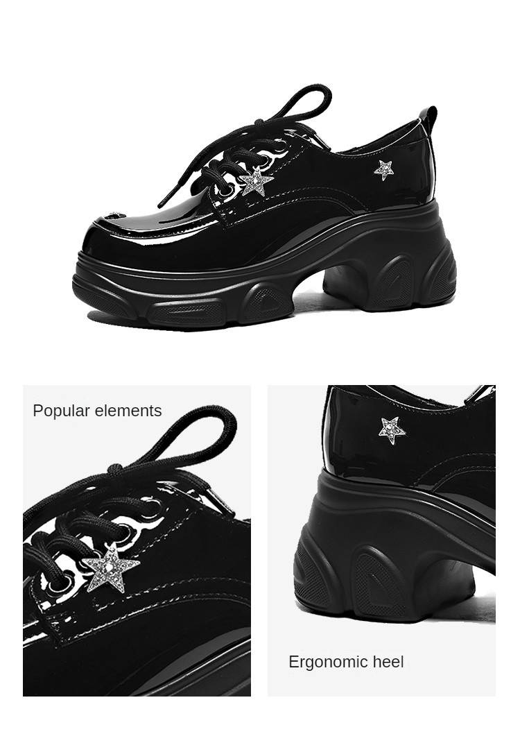 Mocassini con plateau da donna, in pelle lucida con stelle di strass, tacco spesso, stile slip-on, per l'autunno 2024._voghion.com