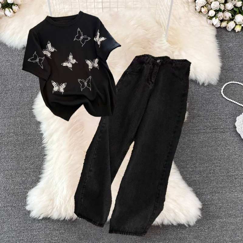 Women's Nail Bead Butterfly Knitted T-shirt High Waist Wide Leg Pants Cowboy Two Piece Set_voghion.com