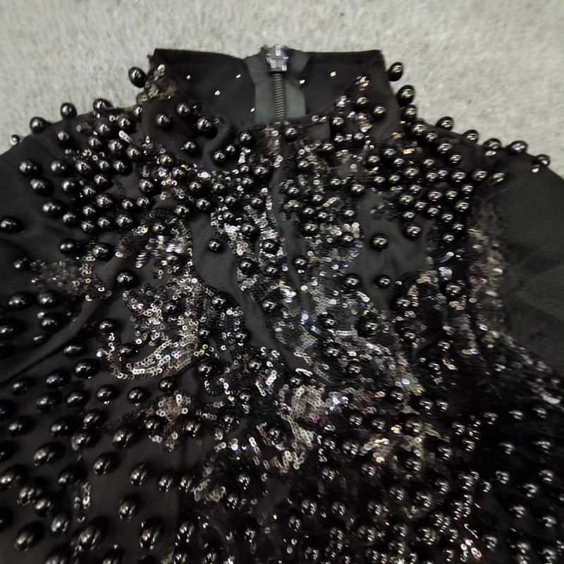 Elegant Long Sleeve High Neck Sequin Feather Cocktail Dress With Waist Cinching & Bodycon Fit For Evening Parties & Special Occasions_voghion.com