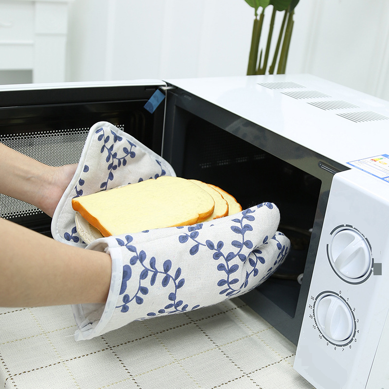 Bohemian Style Microwave Oven Mitts Set - Heat Resistant Cotton Linen Gloves For Baking & Cooking (26cm Length, Geometric Pattern, Yellow)_voghion.com