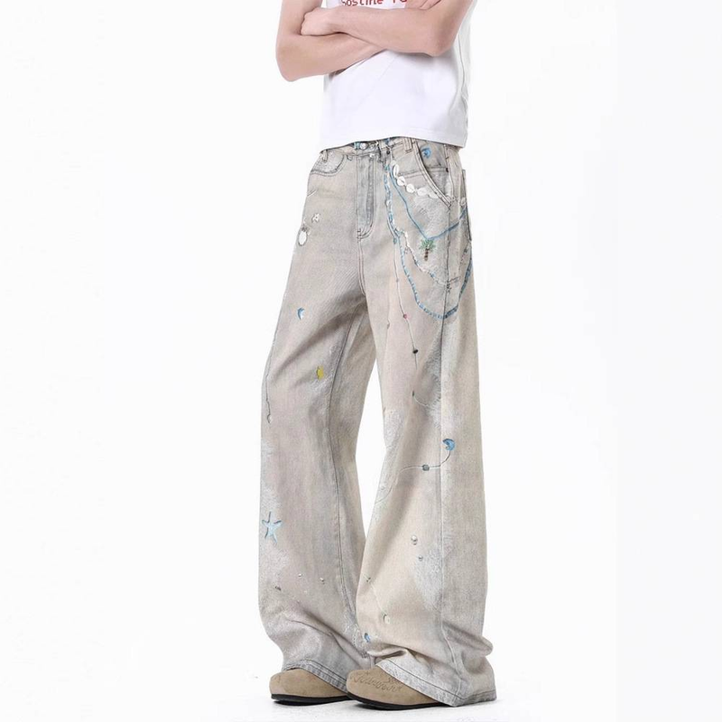 "Erkek Yıpranmış Desenli Kot Pantolon - Zincir ve Dantel Tasarımlı Yıkanmış Kot (S-3XL)"_voghion.com