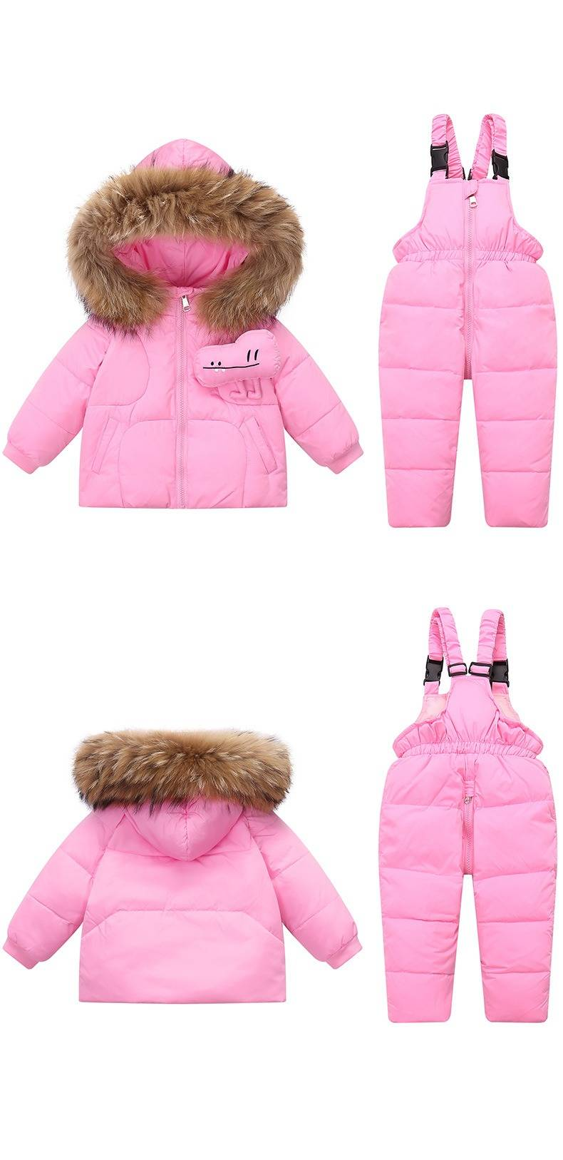 Conjunto de chaqueta de plumón de invierno para niños y niñas: mono de nieve suave y cálido con capucha y pechera desmontable para bebés de 1 a 5 años (90-120 cm, rosa/negro)._voghion.com